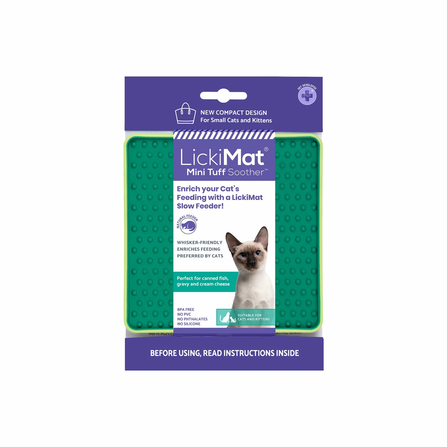 Green LickiMat Mini Tuff Soother™ – Durable Slow Feeder Lick Mat for Cats (label) on white background
