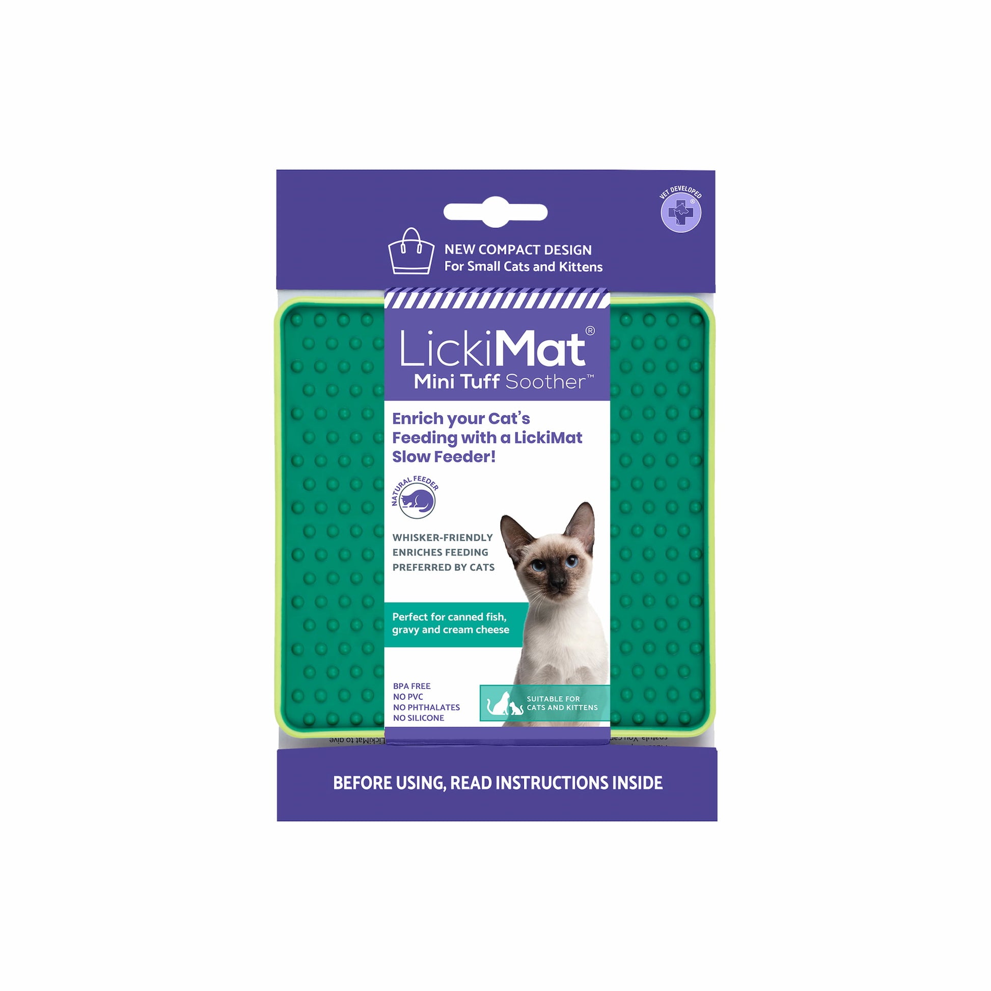 Green LickiMat Mini Tuff Soother™ – Durable Slow Feeder Lick Mat for Cats (label) on white background