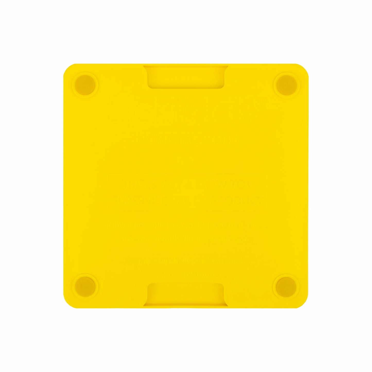 Yellow LickiMat® Mini Tuff Soother™– Slow Feeder Lick Mat for Small Dogs (rear) on white background