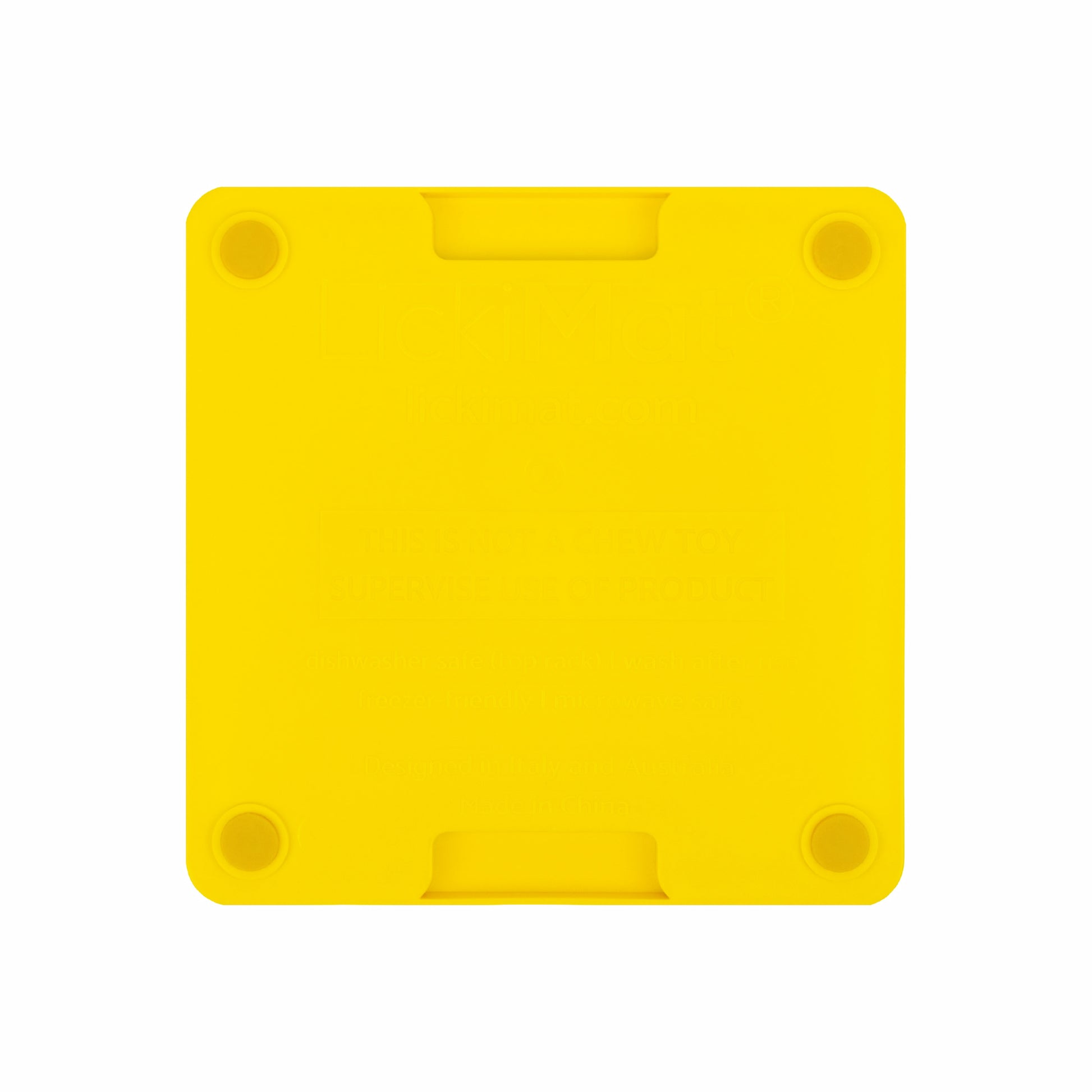 Yellow LickiMat® Mini Tuff Soother™– Slow Feeder Lick Mat for Small Dogs (rear) on white background
