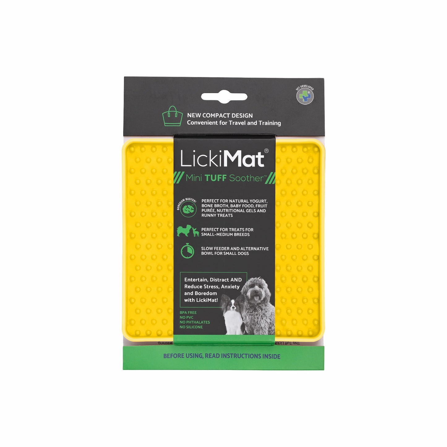 Yellow LickiMat® Mini Tuff Soother™– Slow Feeder Lick Mat for Small Dogs (label) on white background