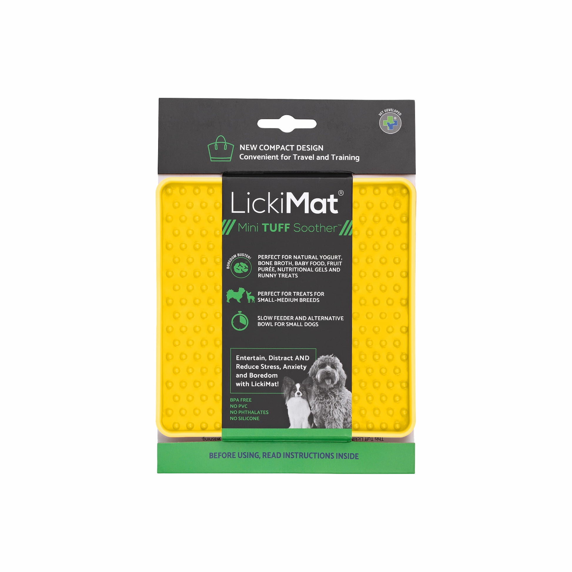Yellow LickiMat® Mini Tuff Soother™– Slow Feeder Lick Mat for Small Dogs (label) on white background