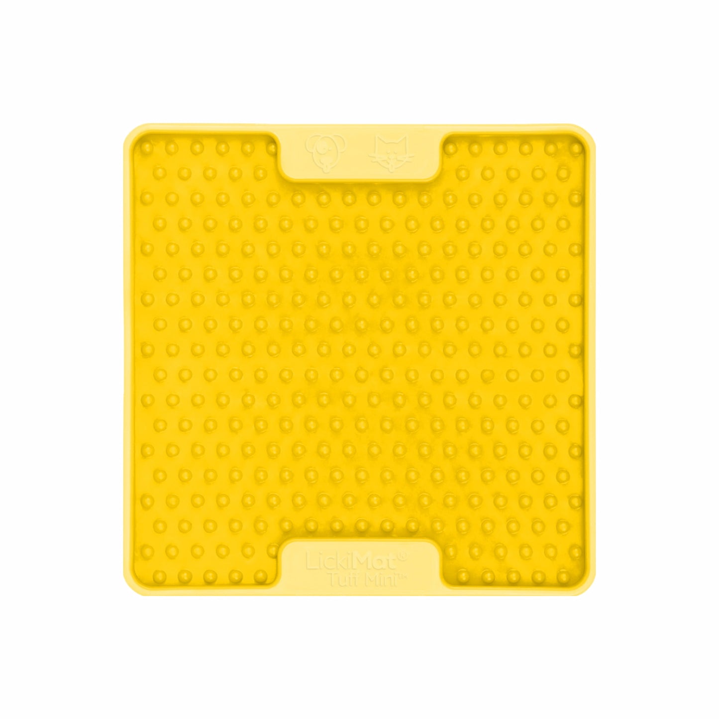 Yellow LickiMat® Mini Tuff Soother™– Slow Feeder Lick Mat for Small Dogs (front) on white background