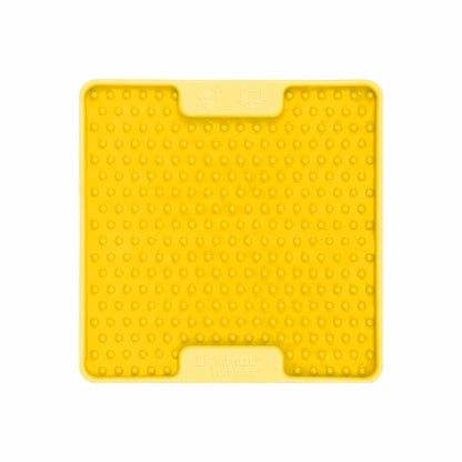 Yellow LickiMat® Mini Tuff Soother™– Slow Feeder Lick Mat for Small Dogs (front) on white background