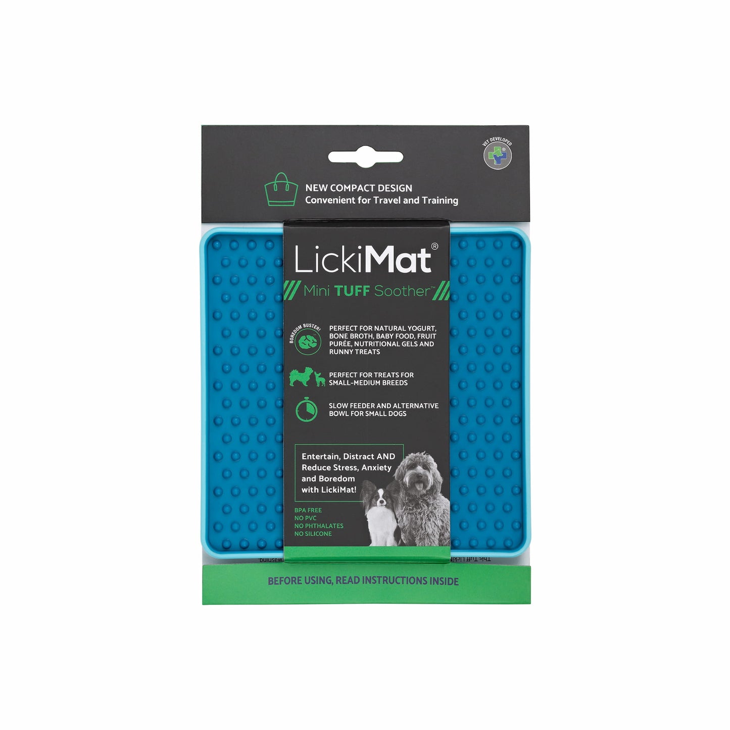 Turquoise LickiMat® Mini Tuff Soother™– Slow Feeder Lick Mat for Small Dogs (label) on white background