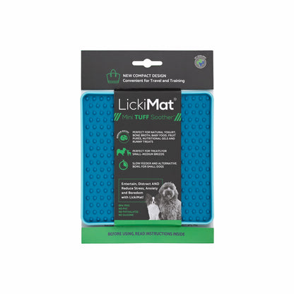 Turquoise LickiMat® Mini Tuff Soother™– Slow Feeder Lick Mat for Small Dogs (label) on white background