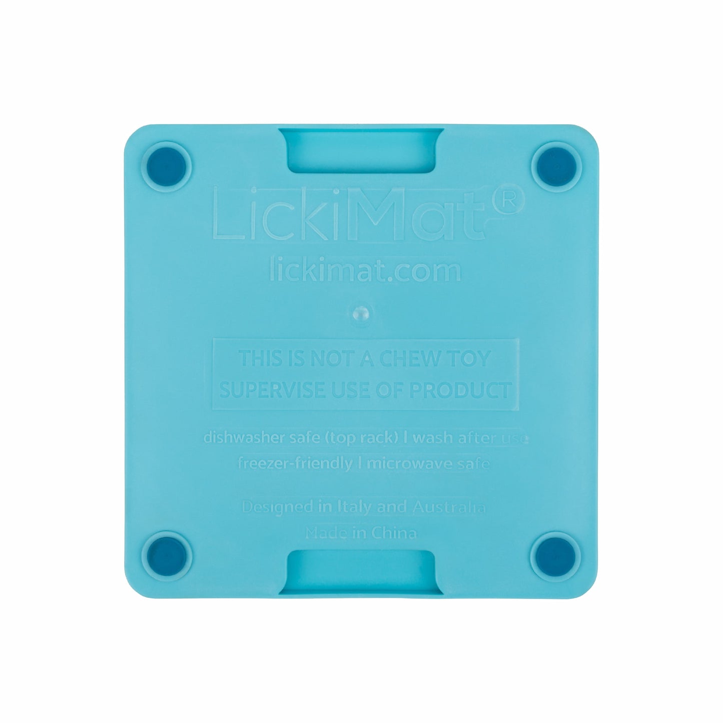 Turquoise LickiMat® Mini Tuff Soother™– Slow Feeder Lick Mat for Small Dogs (rear) on white background
