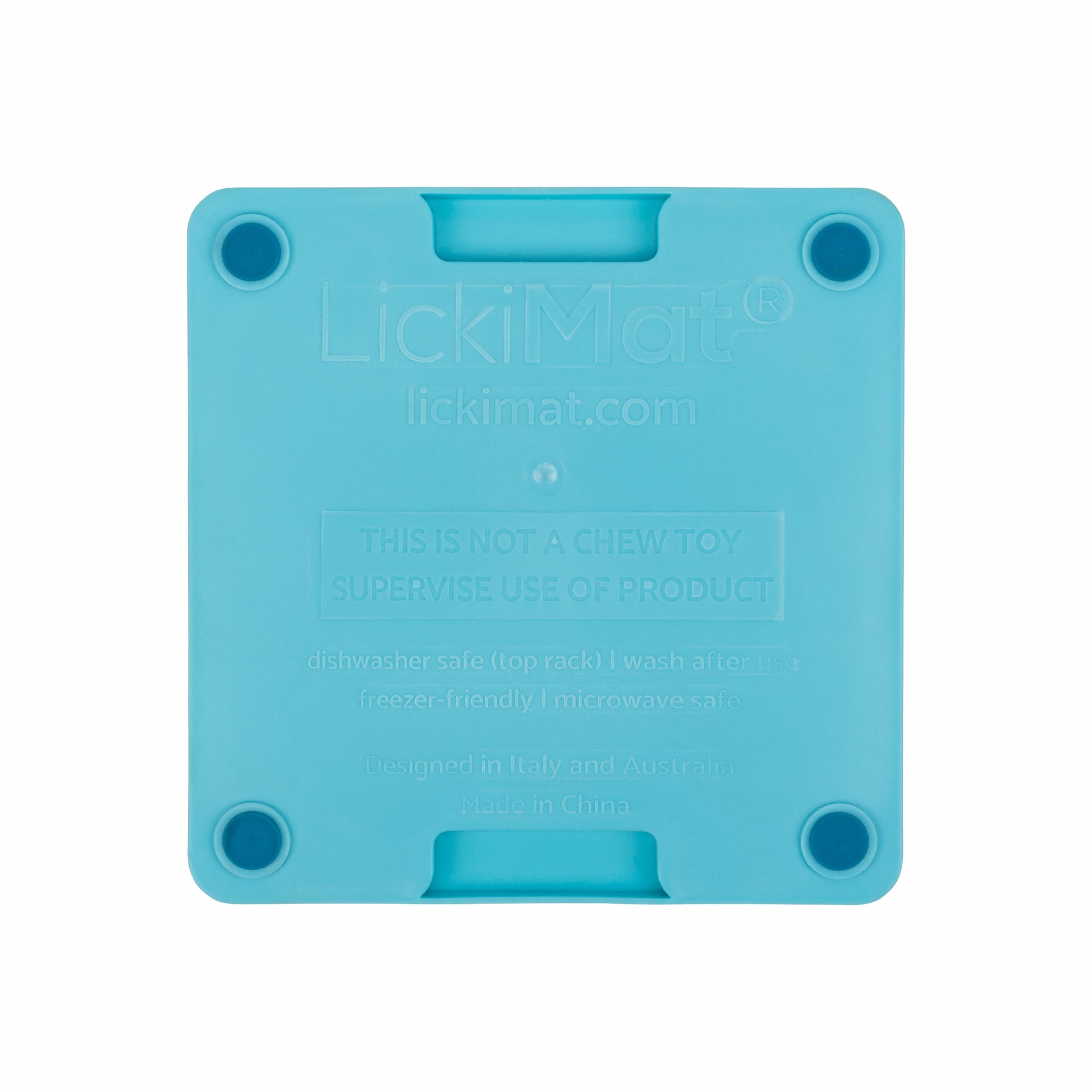 Turquoise LickiMat® Mini Tuff Soother™– Slow Feeder Lick Mat for Small Dogs (rear) on white background