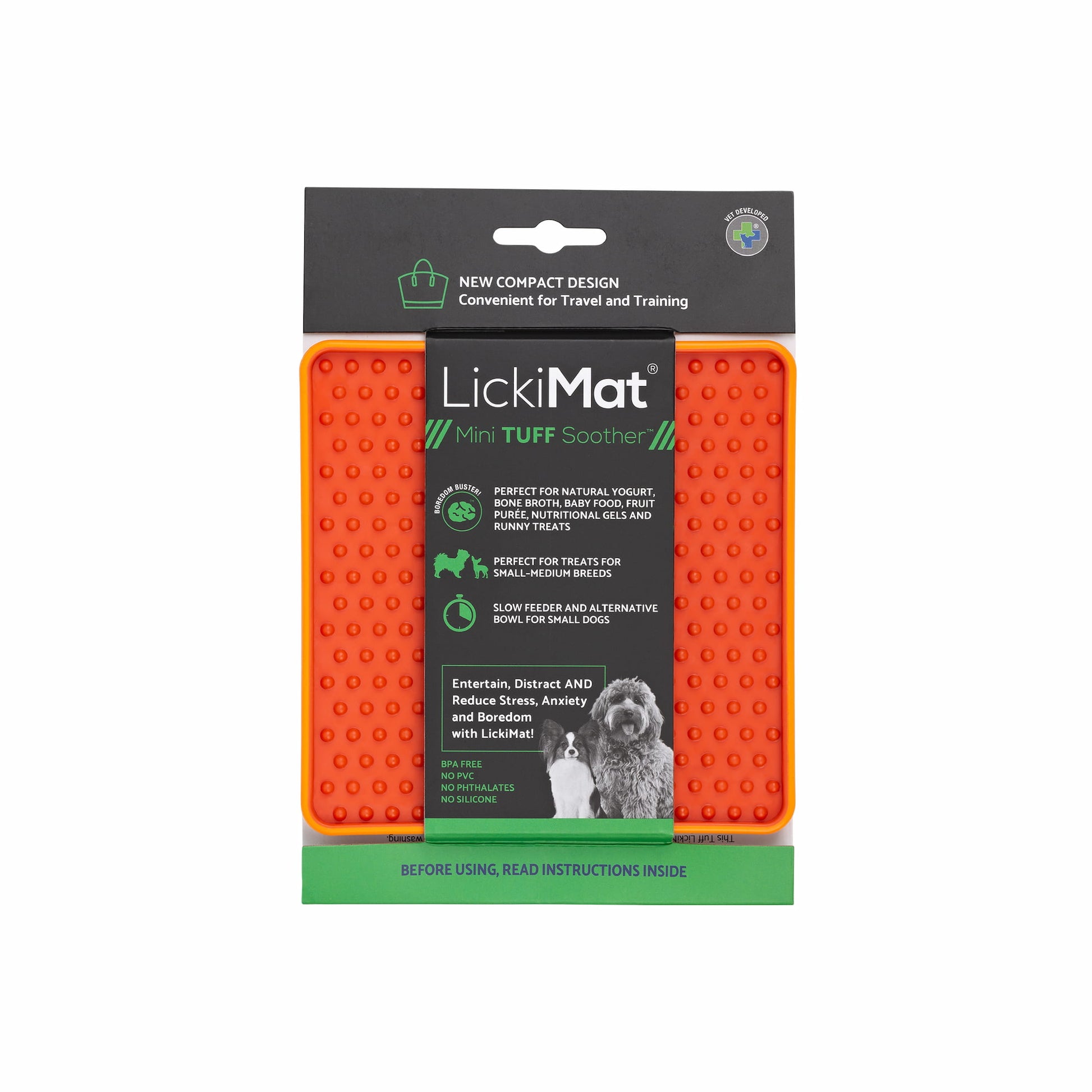 Orange LickiMat® Mini Tuff Soother™– Slow Feeder Lick Mat for Small Dogs (label) on white background