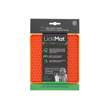 Orange LickiMat® Mini Tuff Soother™– Slow Feeder Lick Mat for Small Dogs (label) on white background
