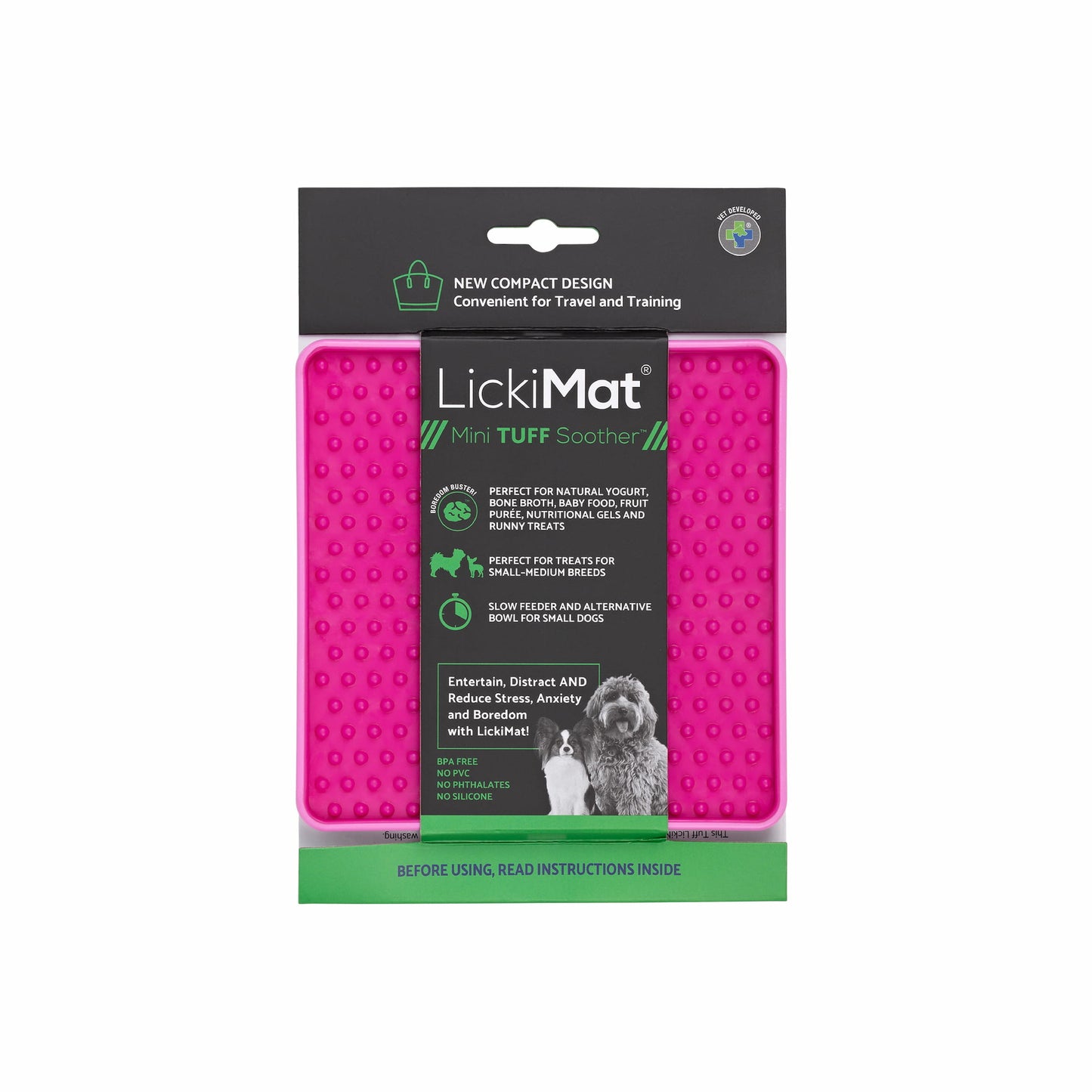 Pink LickiMat® Mini Tuff Soother™– Slow Feeder Lick Mat for Small Dogs (label) on white background