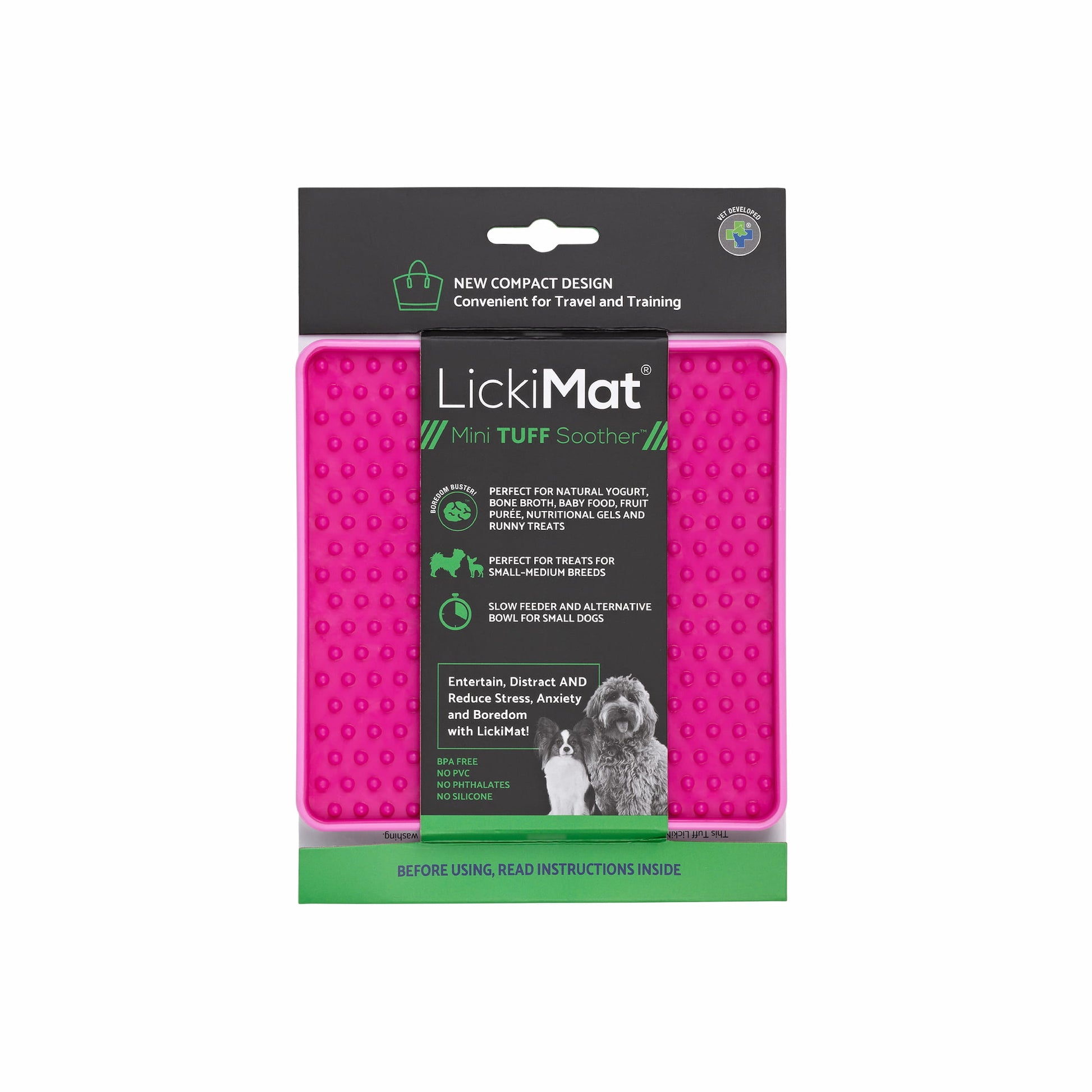 Pink LickiMat® Mini Tuff Soother™– Slow Feeder Lick Mat for Small Dogs (label) on white background