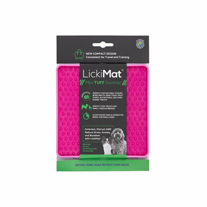 Pink LickiMat® Mini Tuff Soother™– Slow Feeder Lick Mat for Small Dogs (label) on white background
