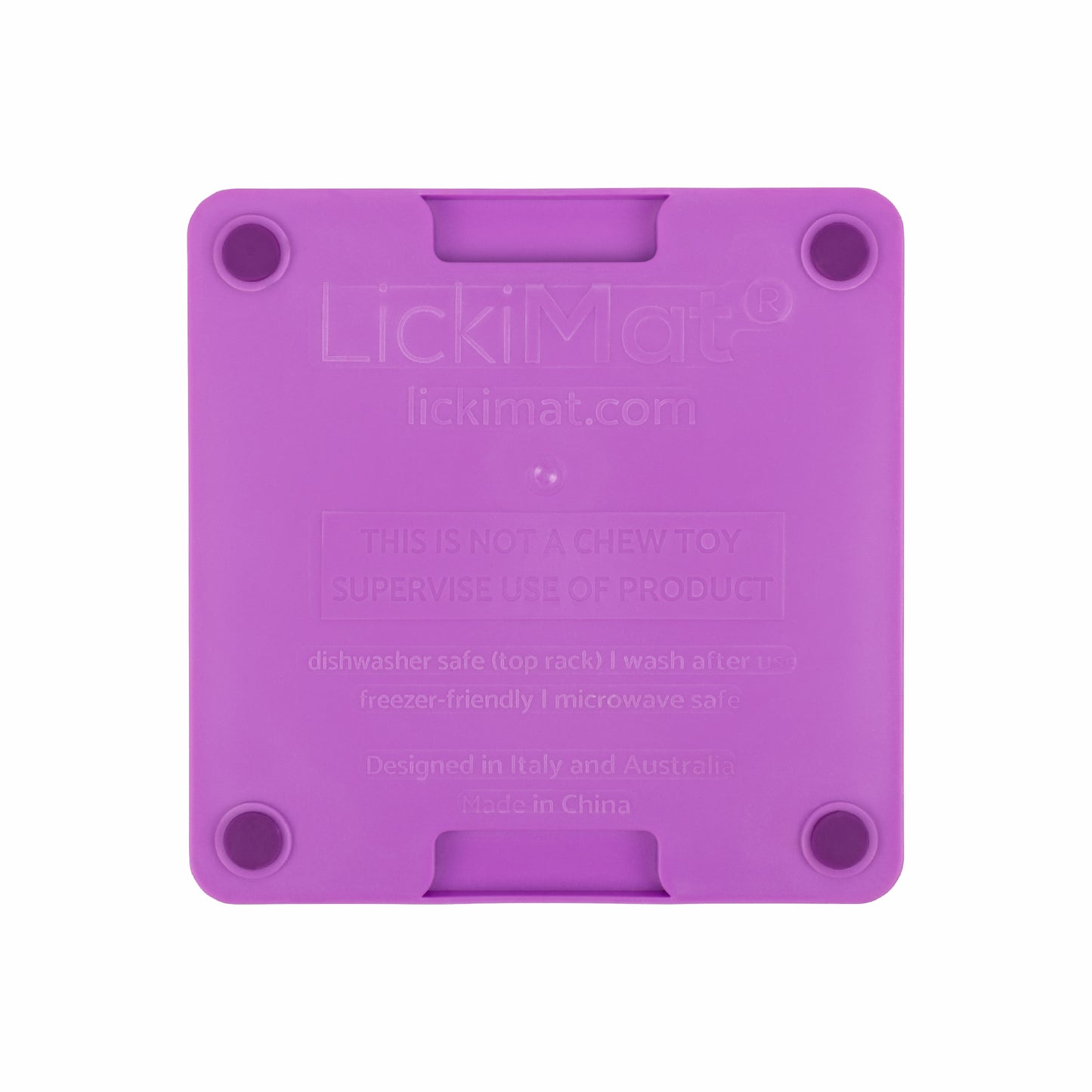 Purple LickiMat® Mini Tuff Soother™– Slow Feeder Lick Mat for Small Dogs (rear) on white background