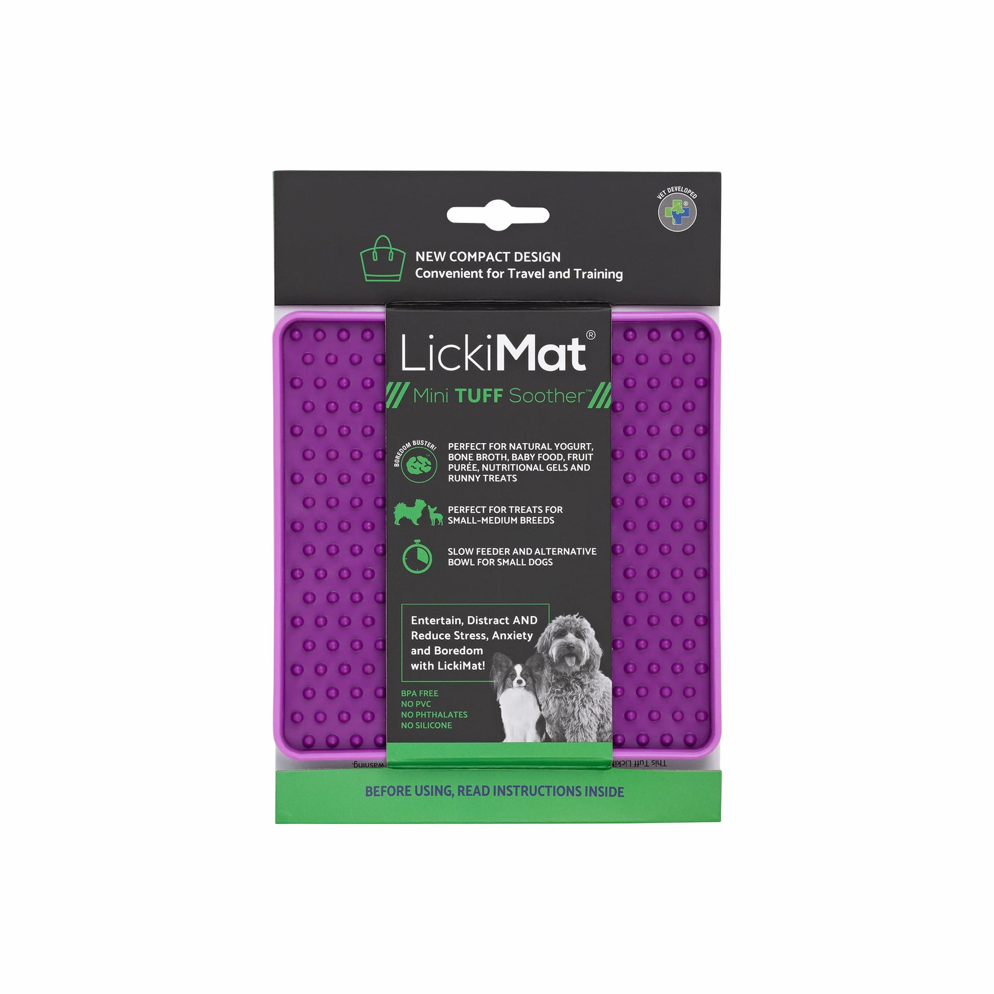 Purple LickiMat® Mini Tuff Soother™– Slow Feeder Lick Mat for Small Dogs (label) on white background
