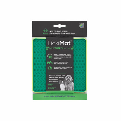 Green LickiMat® Mini Tuff Soother™– Slow Feeder Lick Mat for Small Dogs (label) on white background