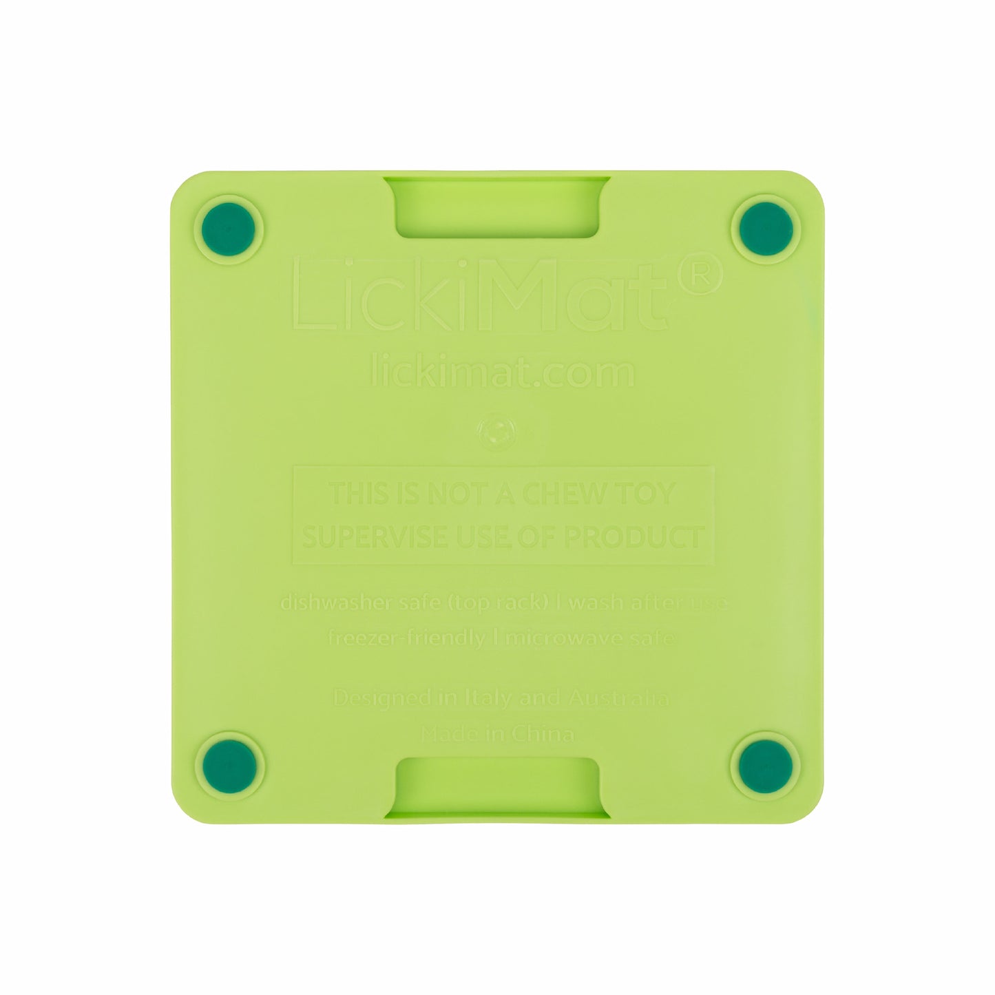 Green LickiMat® Mini Tuff Soother™– Slow Feeder Lick Mat for Small Dogs (rear) on white background