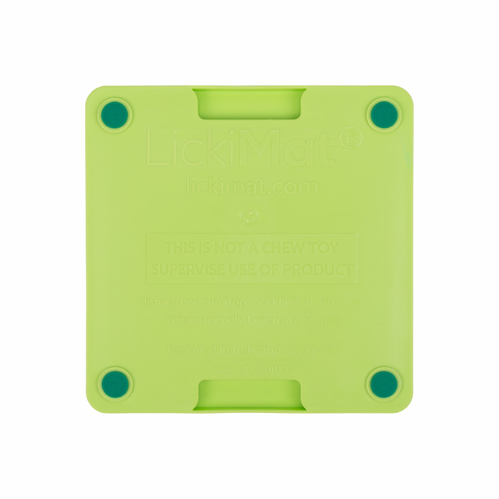 Green LickiMat® Mini Tuff Soother™– Slow Feeder Lick Mat for Small Dogs (rear) on white background