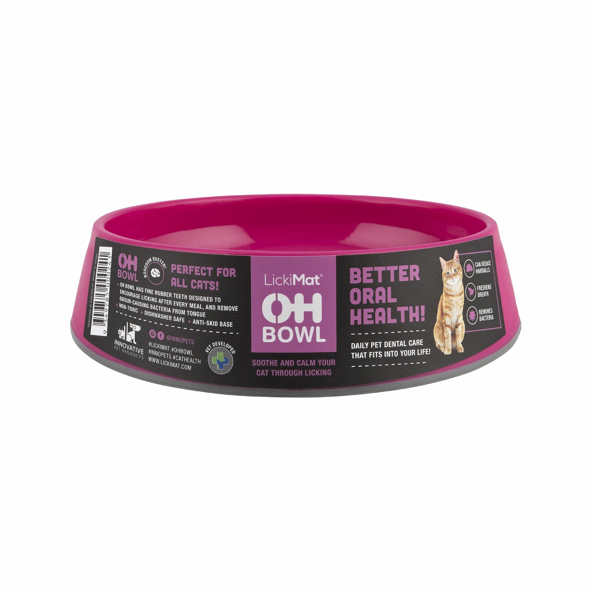 Pink LickiMat® OH Bowl™ for Cats – Oral Health & Slow Feeder Cat Bowl (label) on white background