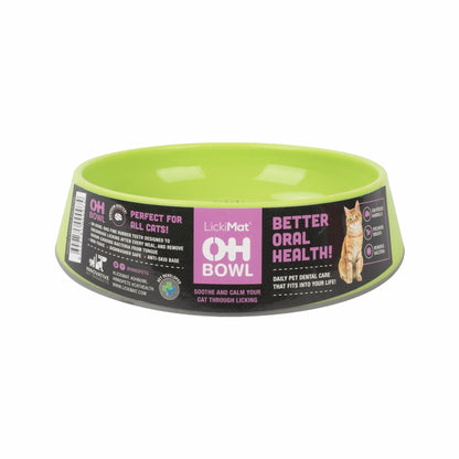 Green LickiMat® OH Bowl™ for Cats – Oral Health & Slow Feeder Cat Bowl (label) on white background