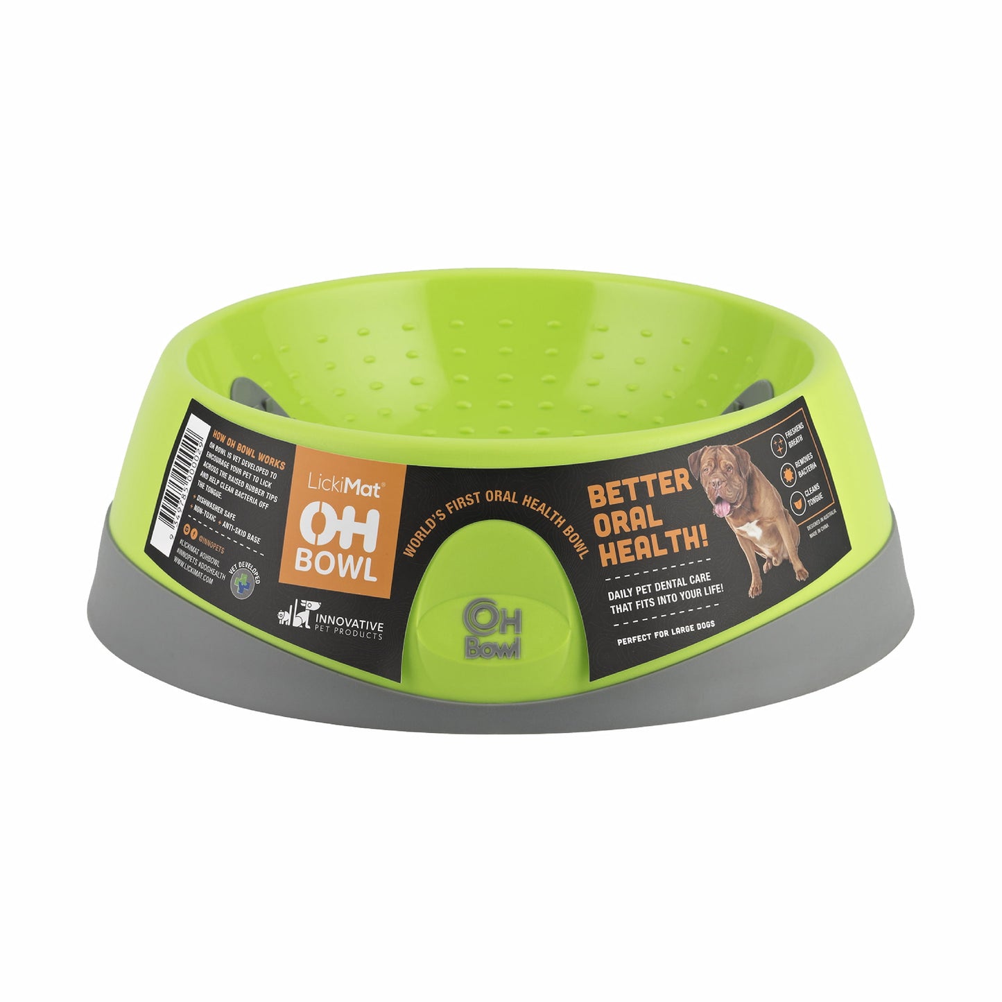 Green LickiMat® OH Bowl™ Large – Oral Health Slow Feeder Dog Bowl (label) on white background
