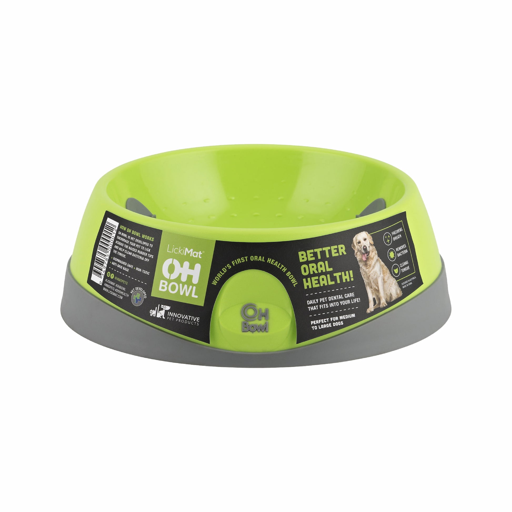 Green LickiMat® OH Bowl™ Medium – Oral Health Slow Feeder Dog Bowl (side) on white background
