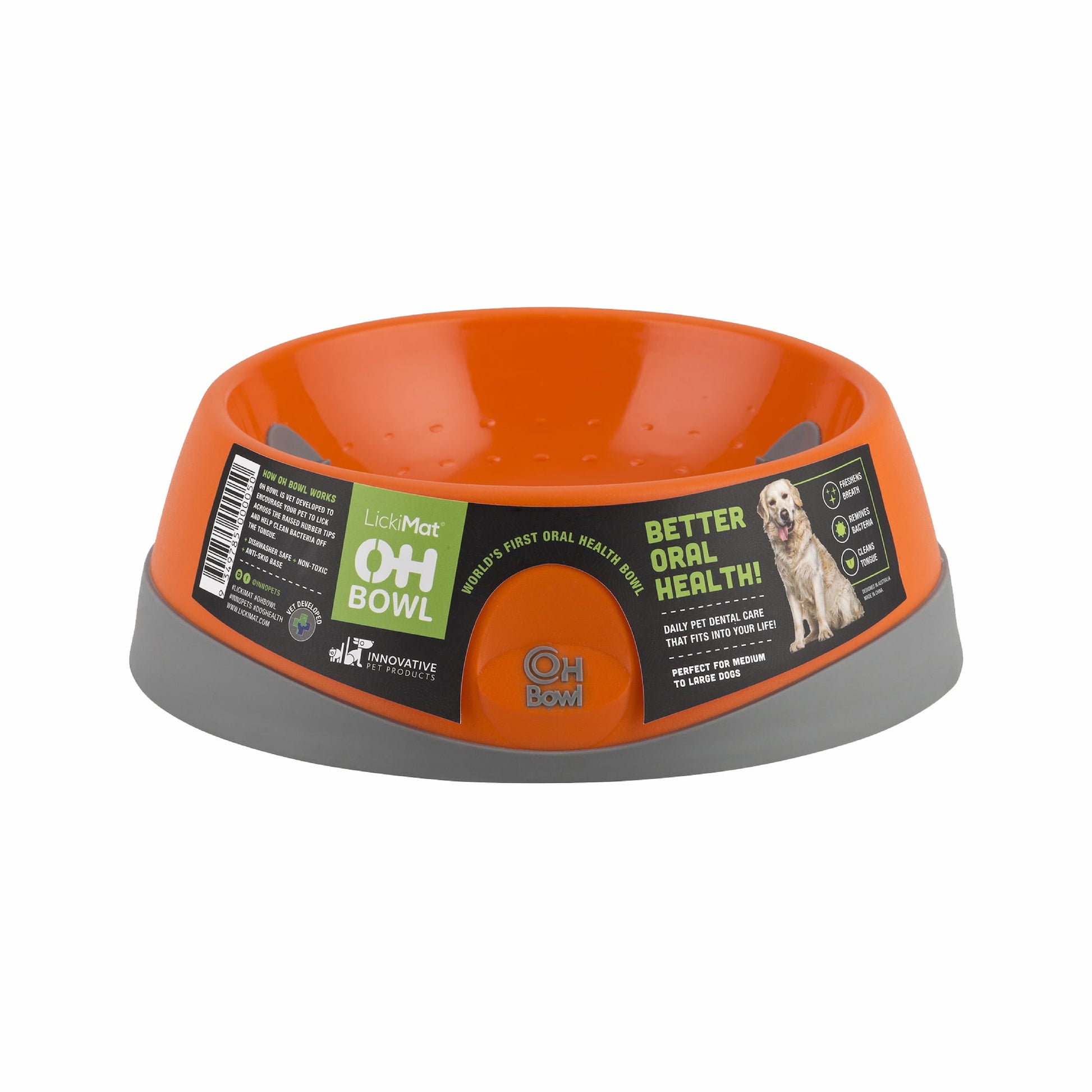 Orange LickiMat® OH Bowl™ Medium – Oral Health Slow Feeder Dog Bowl (side) on white background