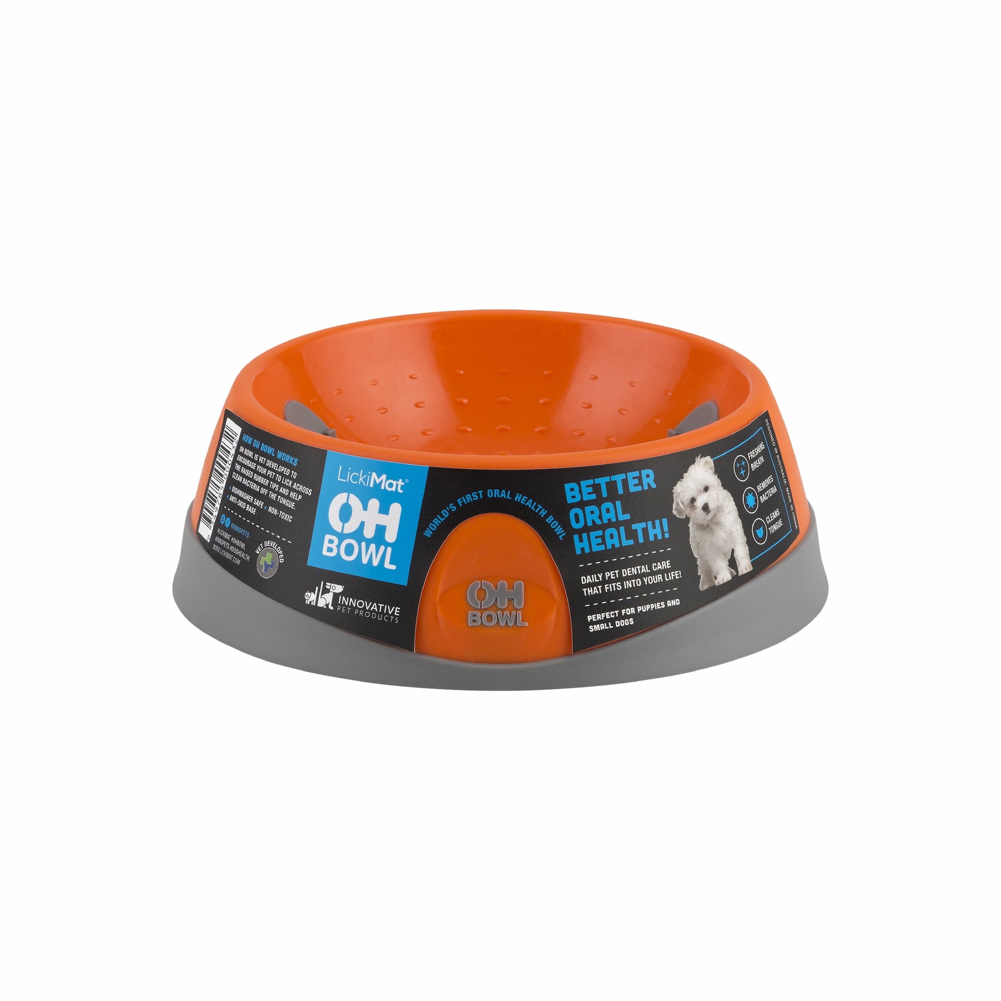 Orange LickiMat® OH Bowl™ Small – Oral Health Slow Feeder Dog Bowl (side-label) on white background