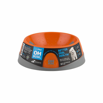 Orange LickiMat® OH Bowl™ Small – Oral Health Slow Feeder Dog Bowl (side-label) on white background