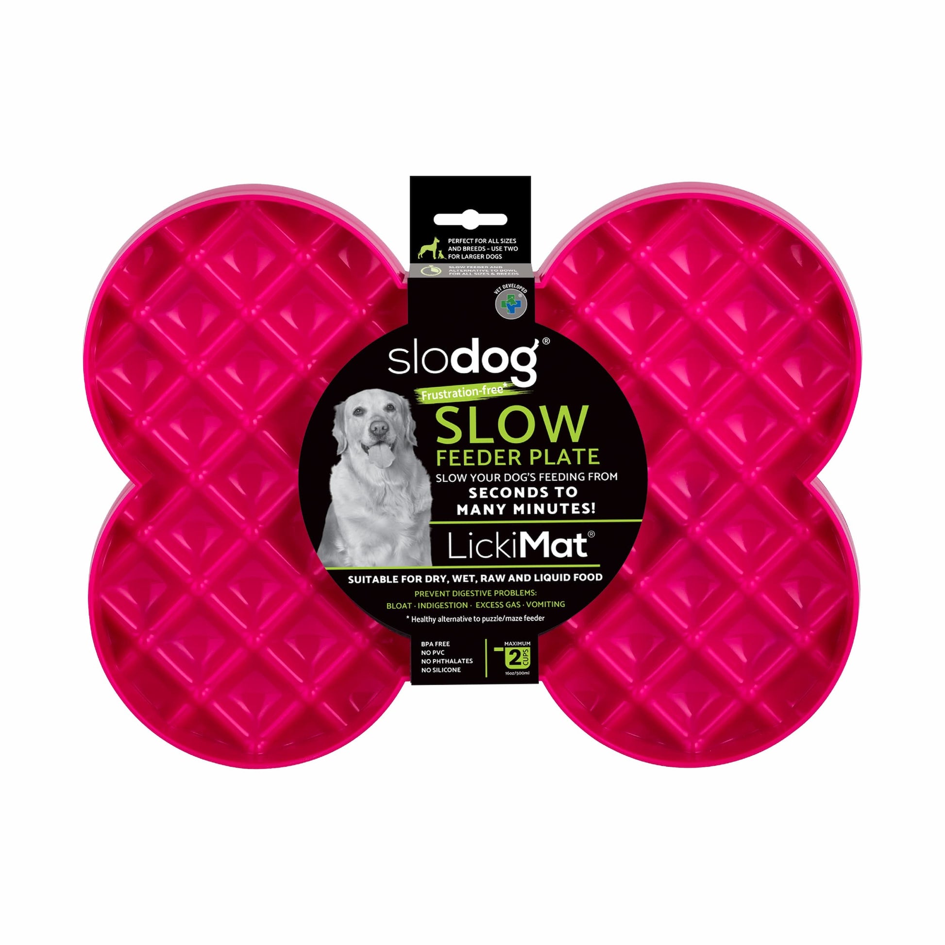 Pink LickiMat® Slodog™ – Innovative Slow Feeder for Dogs, Anti-Gulp (label) on white background