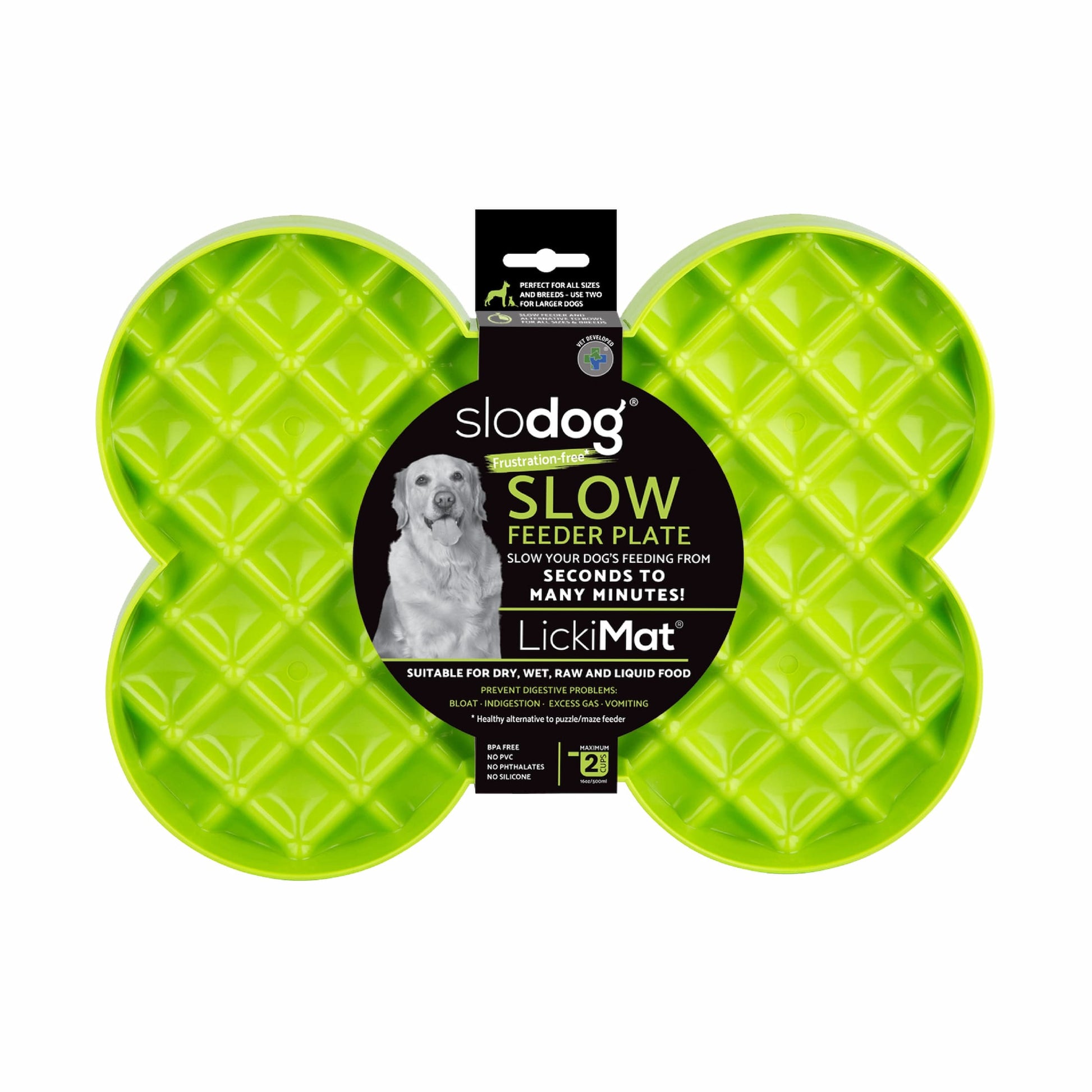 Green LickiMat® Slodog™ – Innovative Slow Feeder for Dogs, Anti-Gulp (label) on white background