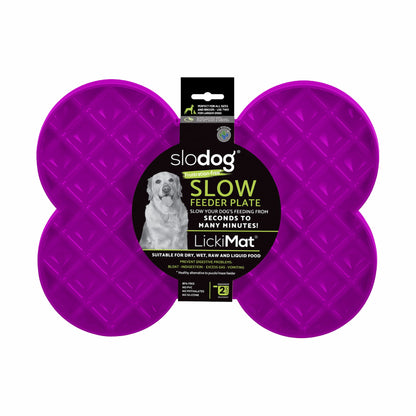Purple LickiMat® Slodog™ – Innovative Slow Feeder for Dogs, Anti-Gulp (label) on white background
