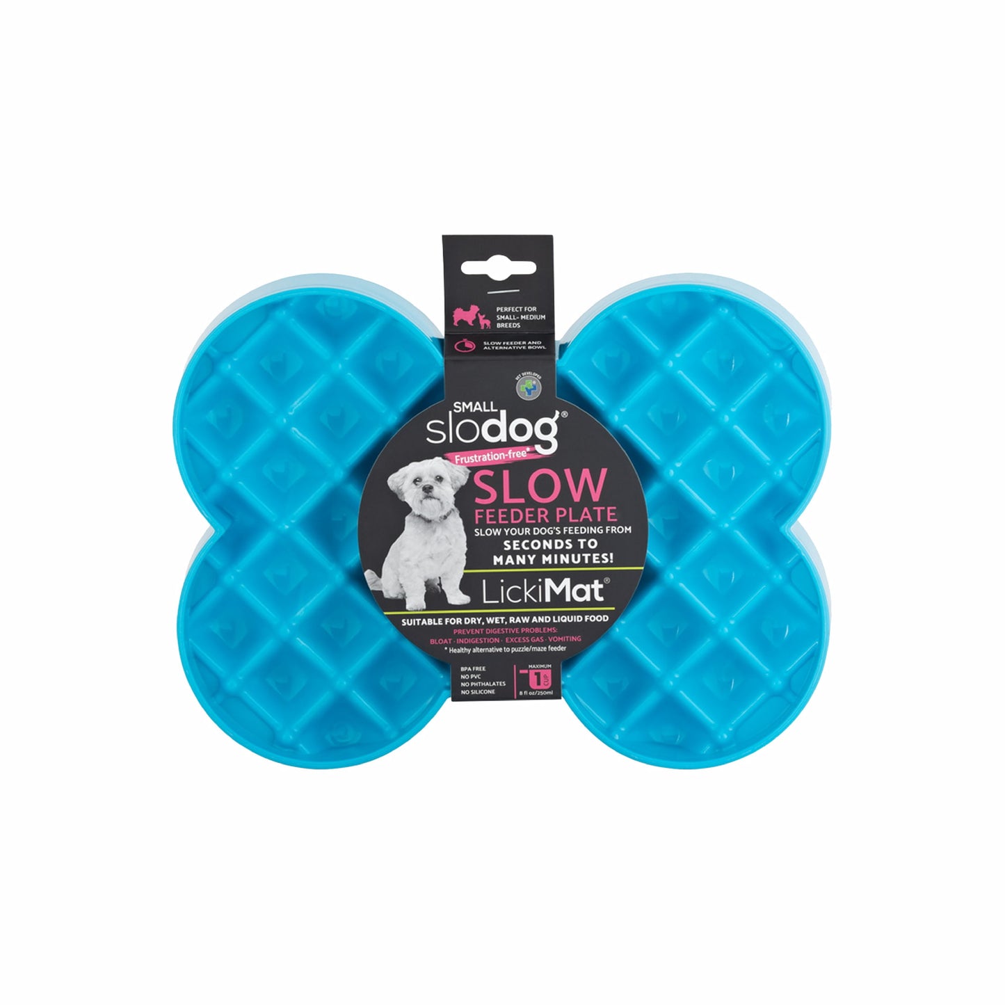 Turquoise LickiMat® Slodog™ – Innovative Slow Feeder for Dogs, Anti-Gulp (label) on white background