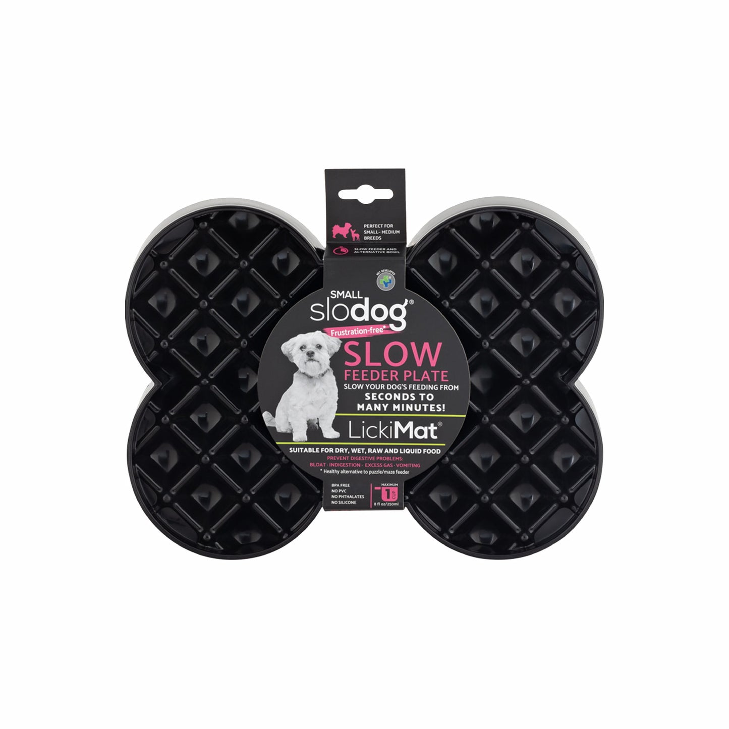 Black LickiMat® Slodog™ – Innovative Slow Feeder for Dogs, Anti-Gulp (label) on white background