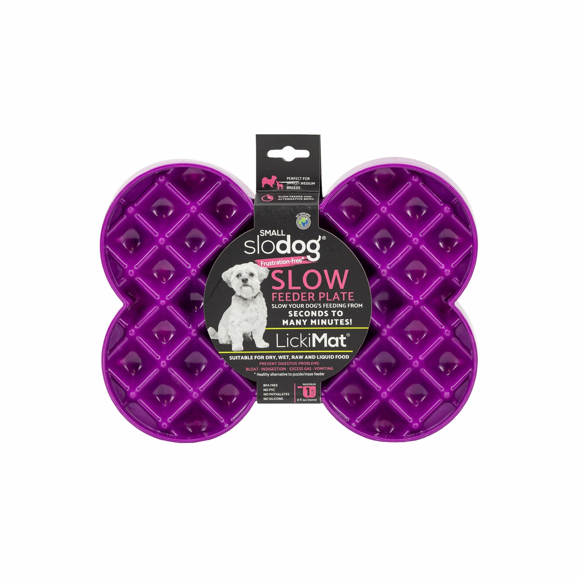 Purple LickiMat® Slodog™ – Innovative Slow Feeder for Dogs, Anti-Gulp (label) on white background