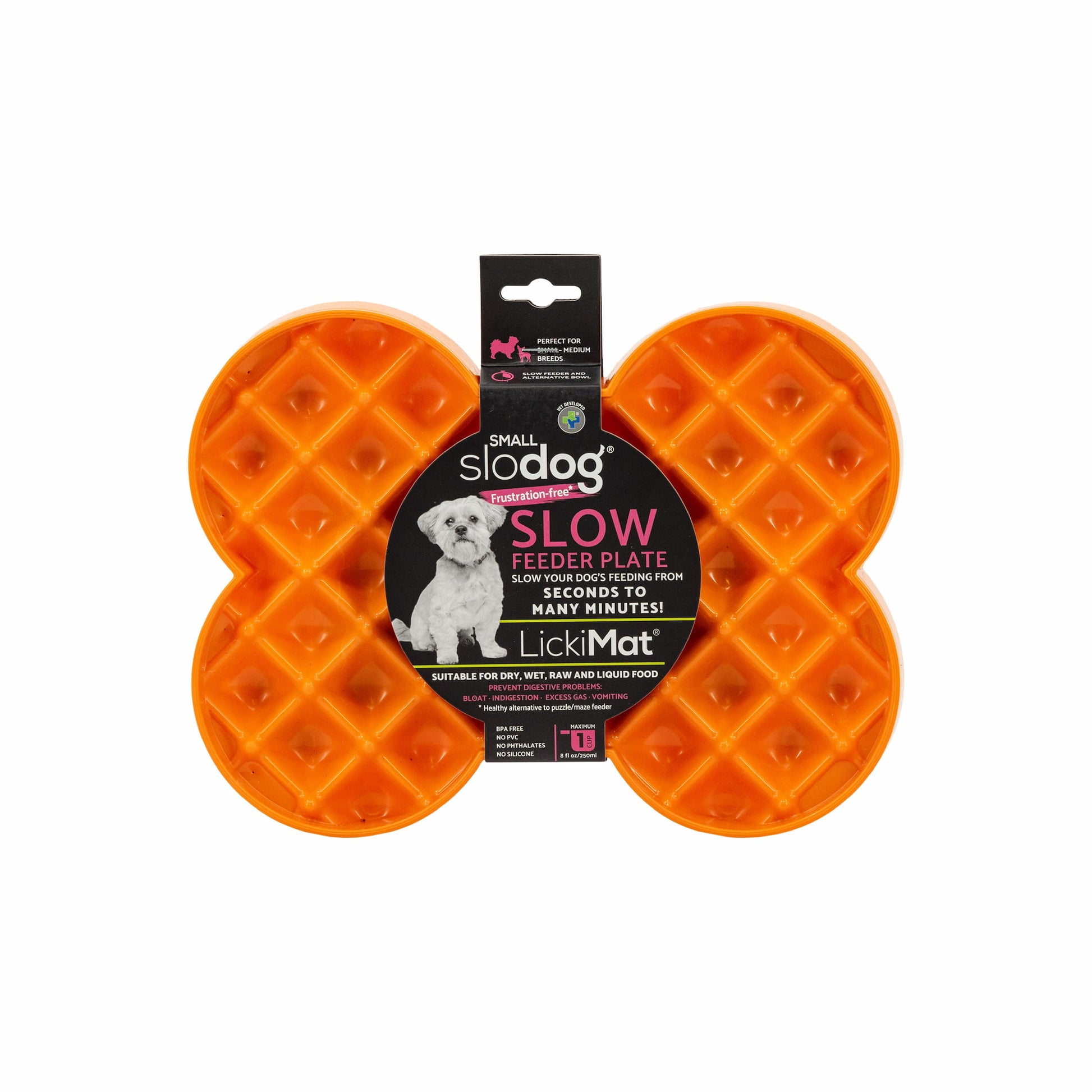 Orange LickiMat® Slodog™ – Innovative Slow Feeder for Dogs, Anti-Gulp (label) on white background