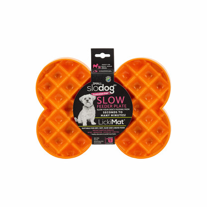 Orange LickiMat® Slodog™ – Innovative Slow Feeder for Dogs, Anti-Gulp (label) on white background