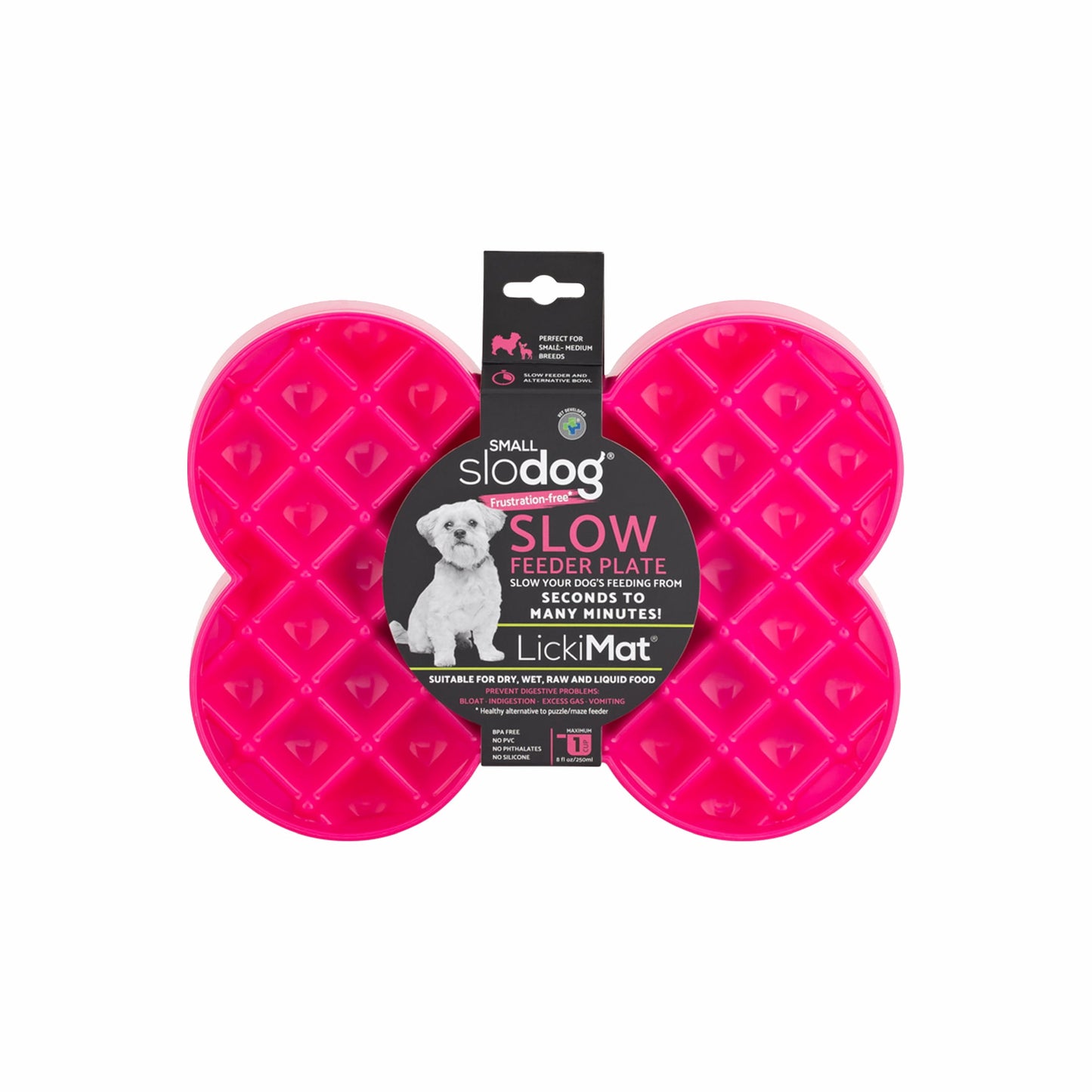 Pink LickiMat® Slodog™ – Innovative Slow Feeder for Dogs, Anti-Gulp (label) on white background