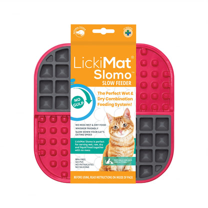 Red LickiMat® Slomo™ – Dual-Texture Slow Feeder Lick Mat for Cats (label) on white background