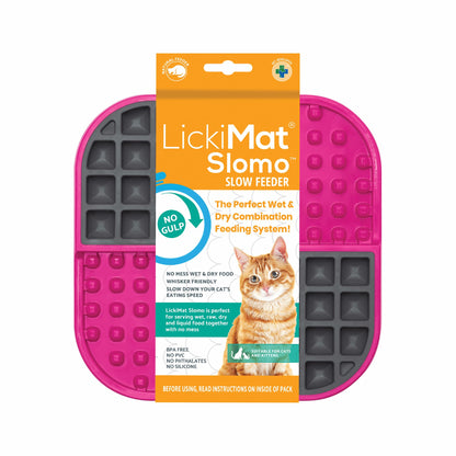 Pink LickiMat® Slomo™ – Dual-Texture Slow Feeder Lick Mat for Cats (label) on white background