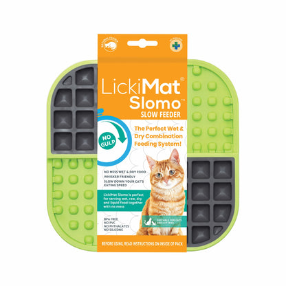 Green LickiMat® Slomo™ – Dual-Texture Slow Feeder Lick Mat for Cats (label) on white background