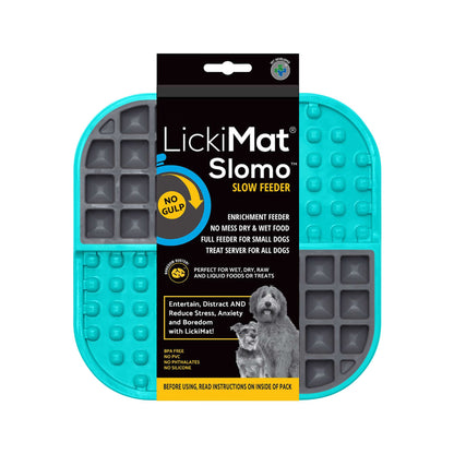 Turquoise LickiMat® Slomo™ – Dual-Texture Slow Feeder for Dogs (label) on a white background