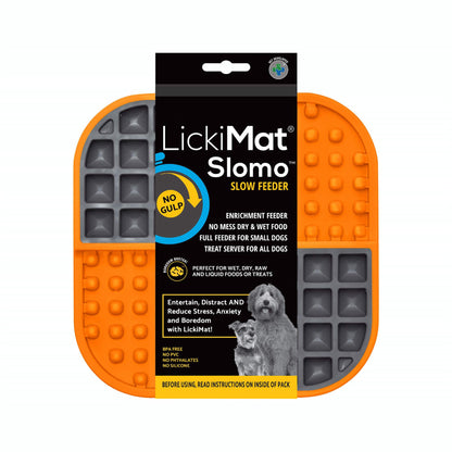 Orange LickiMat® Slomo™ – Dual-Texture Slow Feeder for Dogs (label) on a white background