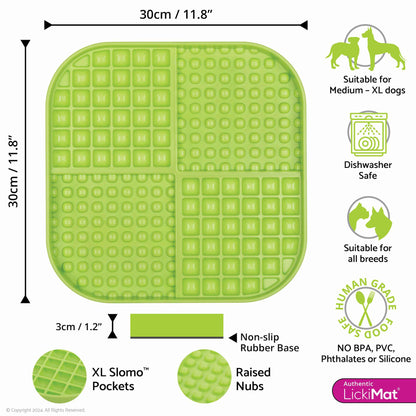 Green LickiMat® Slomo™ XL – Dual-Texture Slow Feeder for Dogs (measurements) on a white background