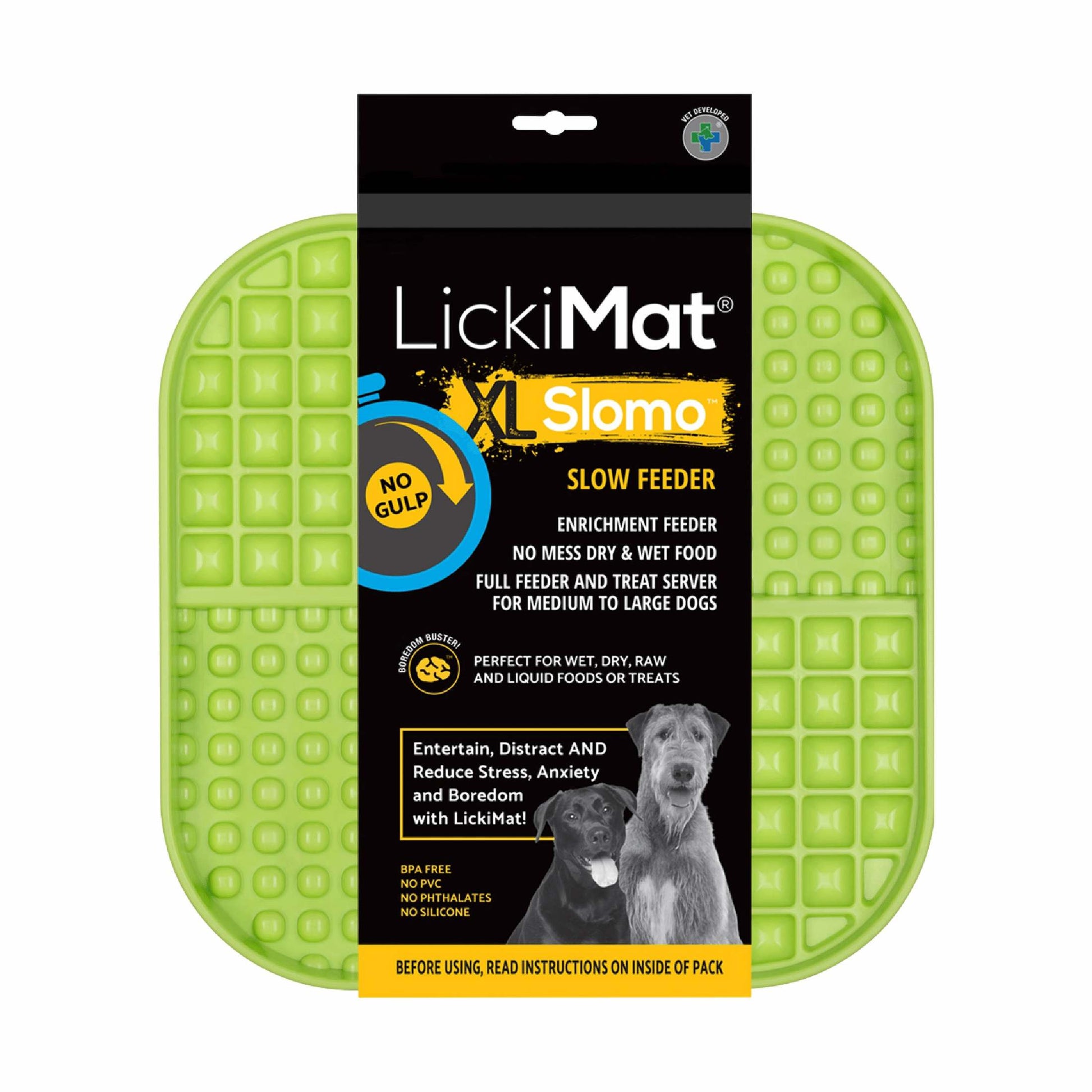 Green LickiMat® Slomo™ XL – Dual-Texture Slow Feeder for Dogs (label) on a white background