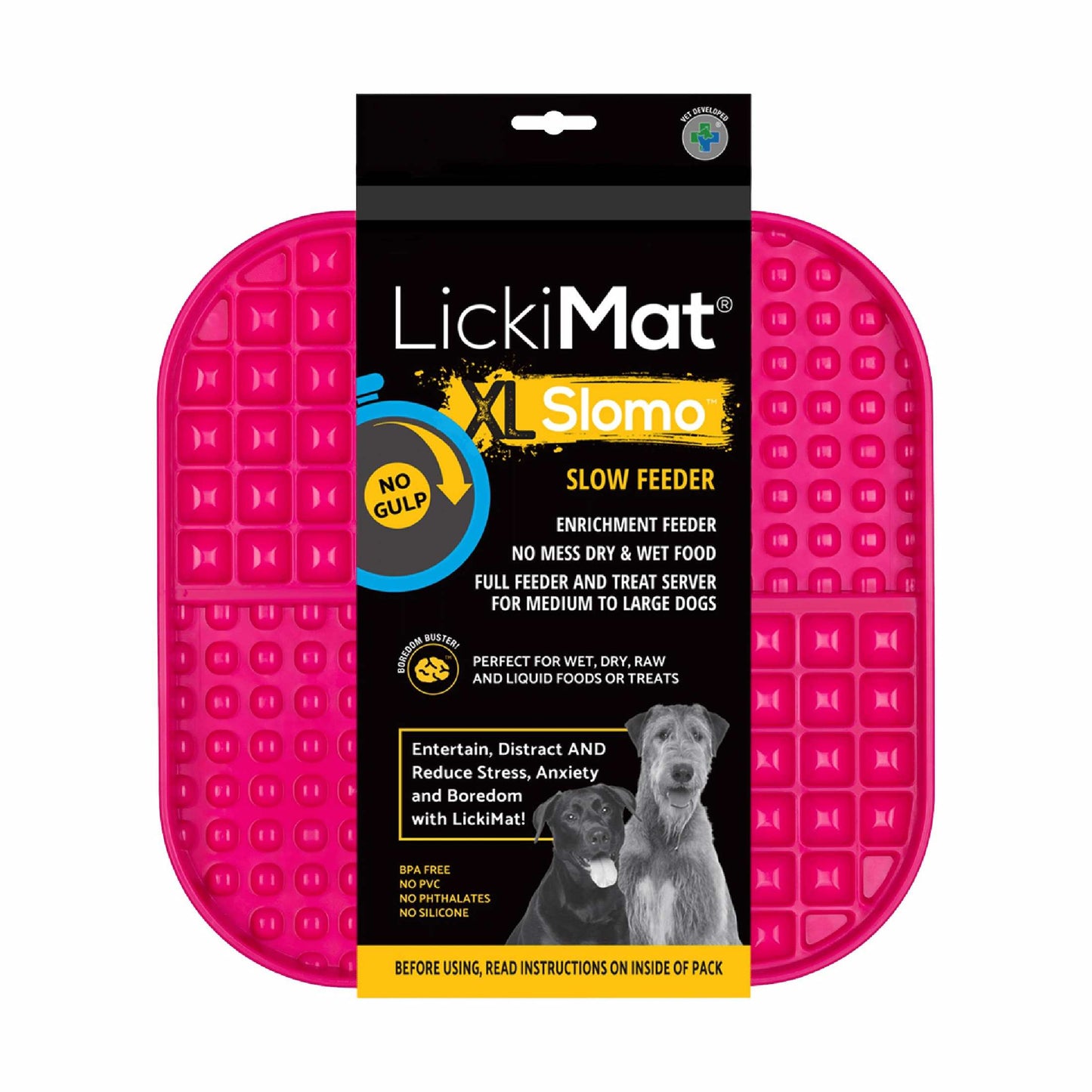 Pink LickiMat® Slomo™ XL – Dual-Texture Slow Feeder for Dogs (label) on a white background