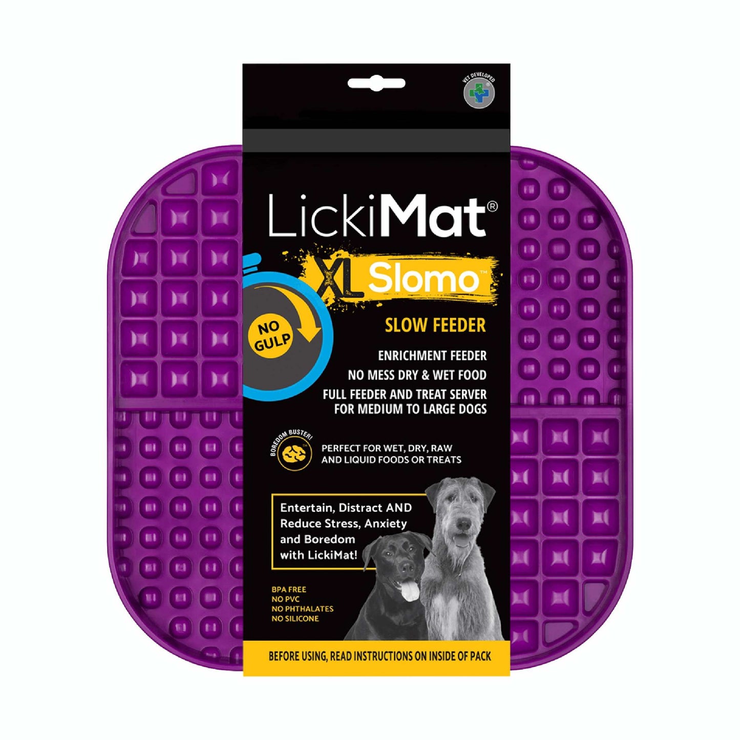 Purple LickiMat® Slomo™ XL – Dual-Texture Slow Feeder for Dogs (label) on a white background