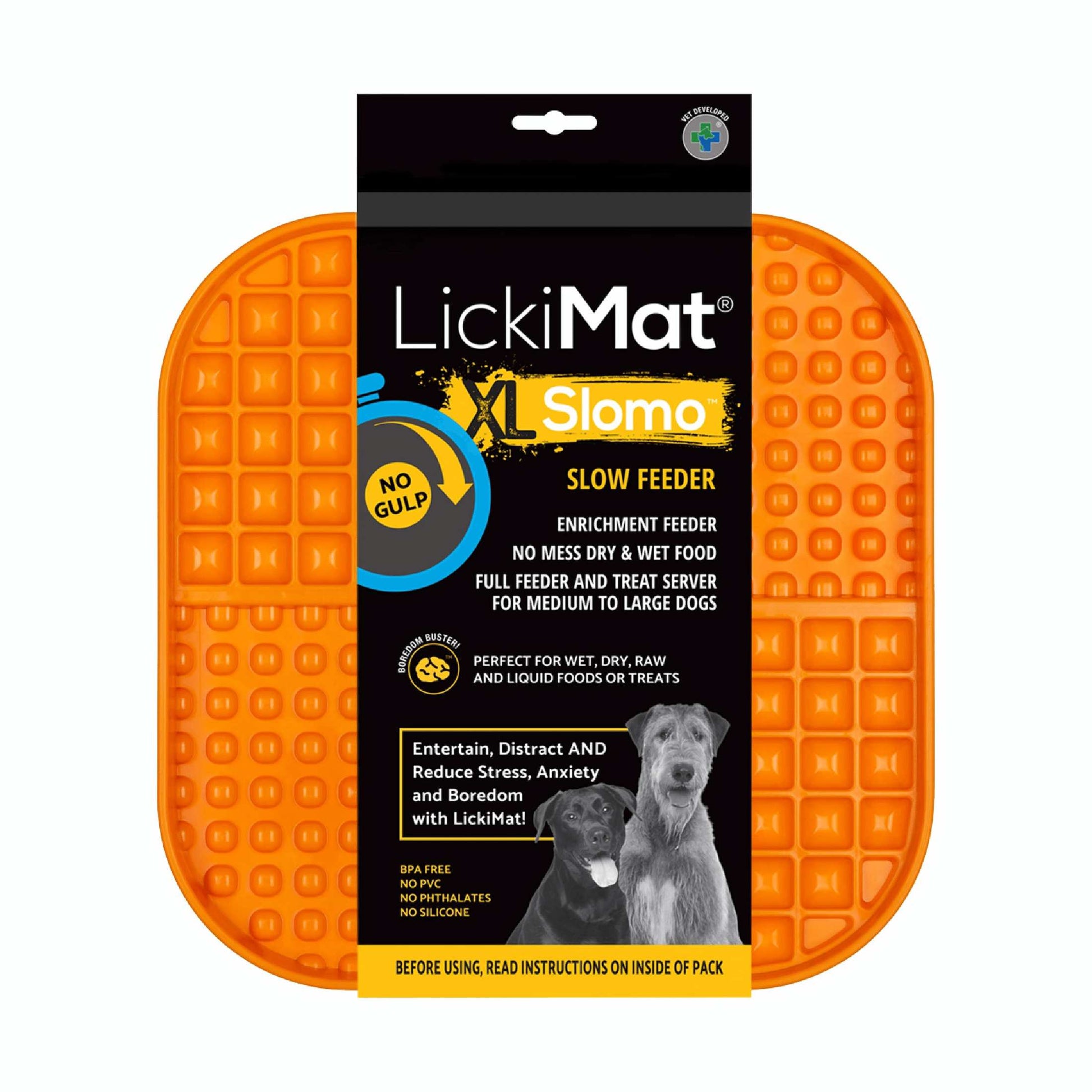 Orange LickiMat® Slomo™ XL – Dual-Texture Slow Feeder for Dogs (label) on a white background