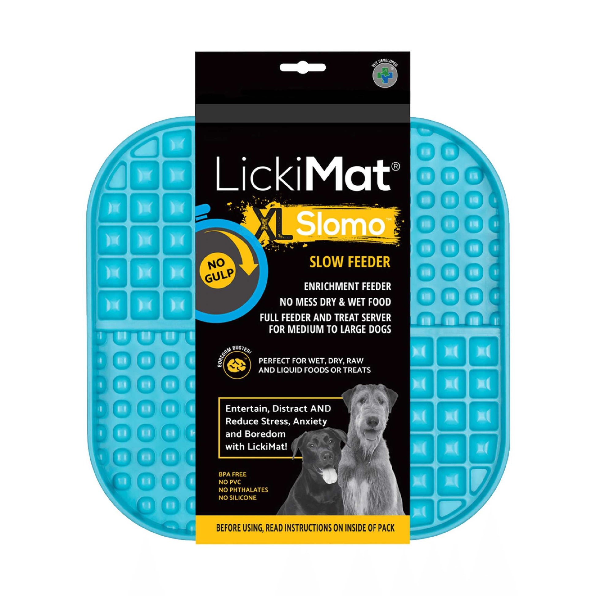 Turquoise LickiMat® Slomo™ XL – Dual-Texture Slow Feeder for Dogs (label) on a white background
