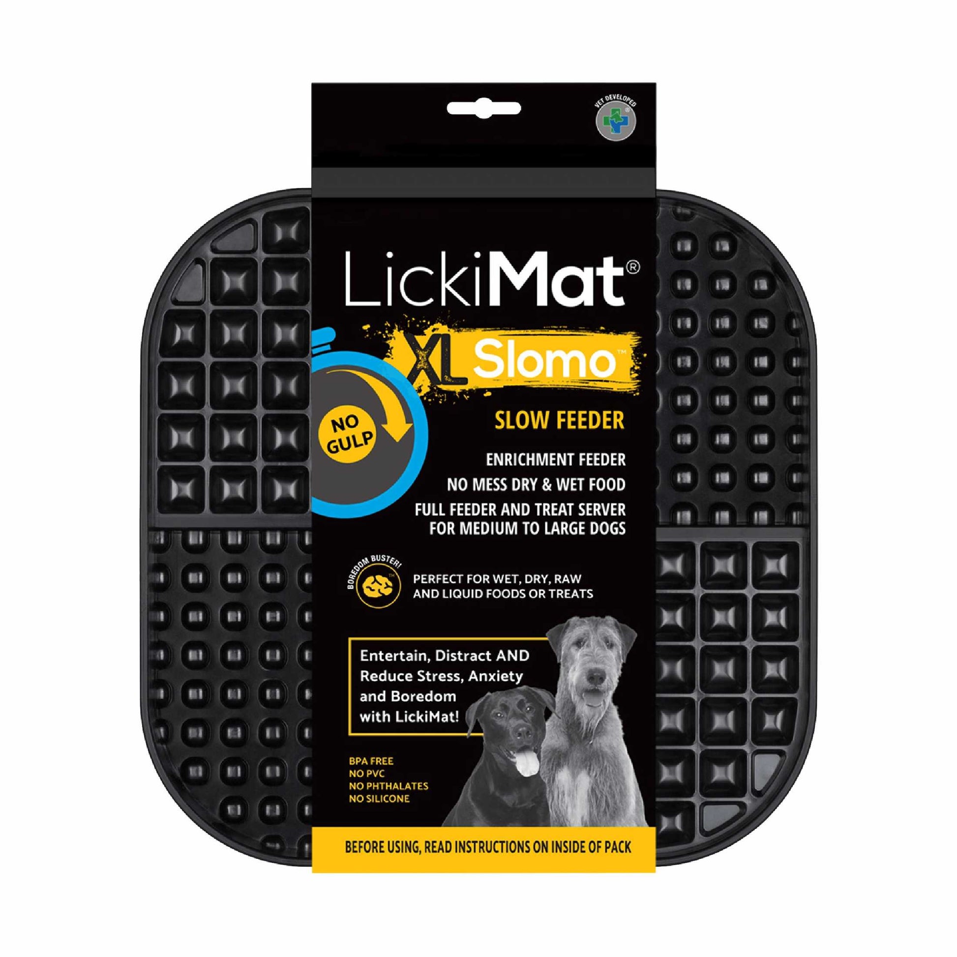 Black LickiMat® Slomo™ XL – Dual-Texture Slow Feeder for Dogs (label) on a white background